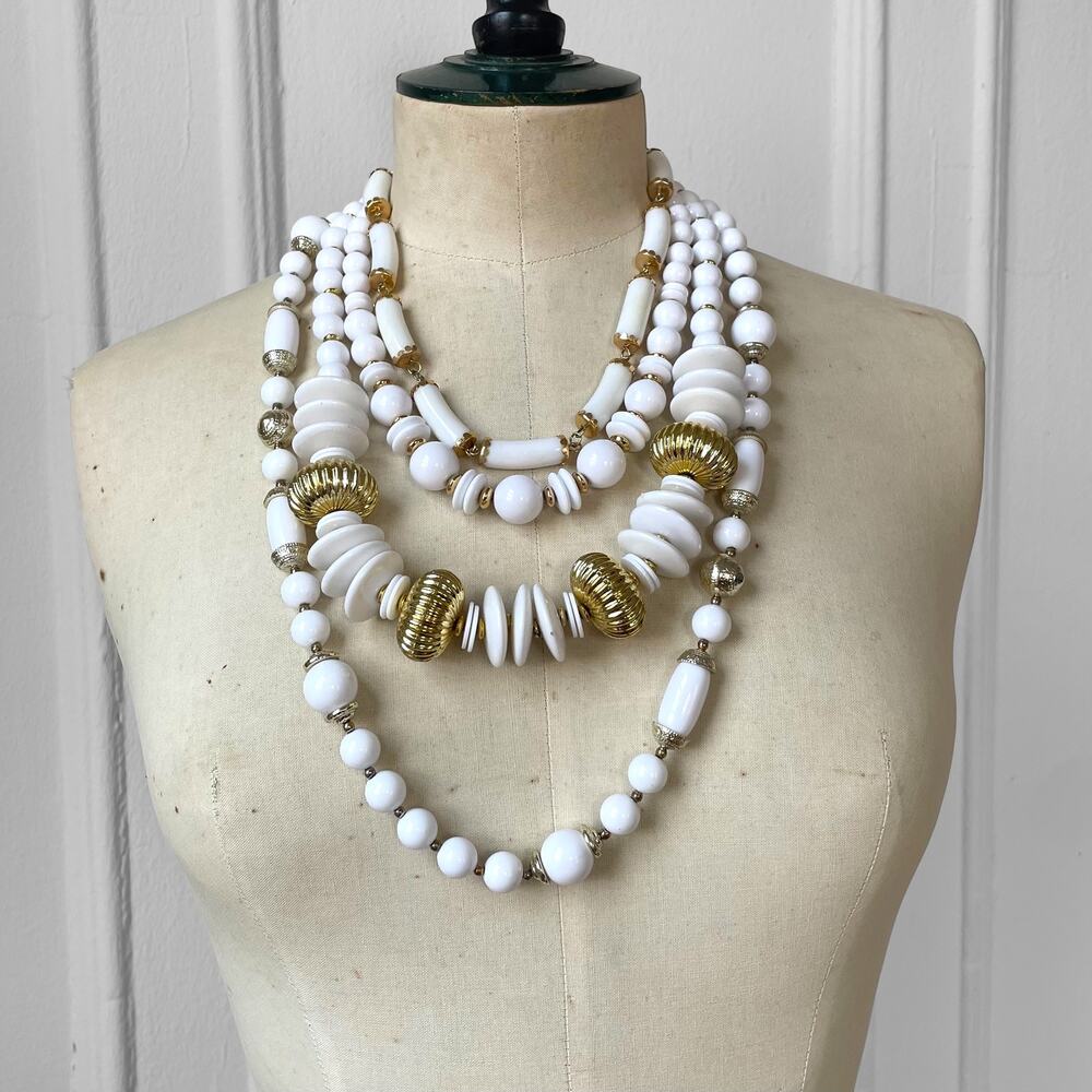Vintage 60s 70s Acrylic Bead Boho Layered Necklace Set 4 Piece White and Gold